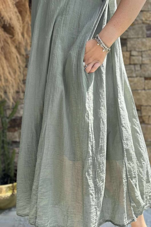 Made in Italy Sa Caleta Cotton Cap Sleeve Pocket Midaxi Dress Khaki